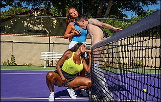 Two sporty MILFs Diamond Jackson and Nikki Benz fucking a cute boy outdoor