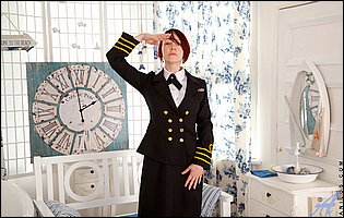 Scarlet Rose strips and off her uniform and spreads wet cunt