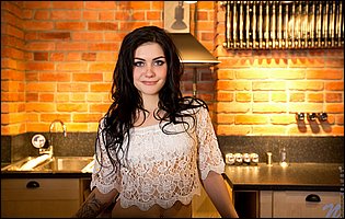 Pretty brunette Avrora getting naked and touches her pussy in kitchen
